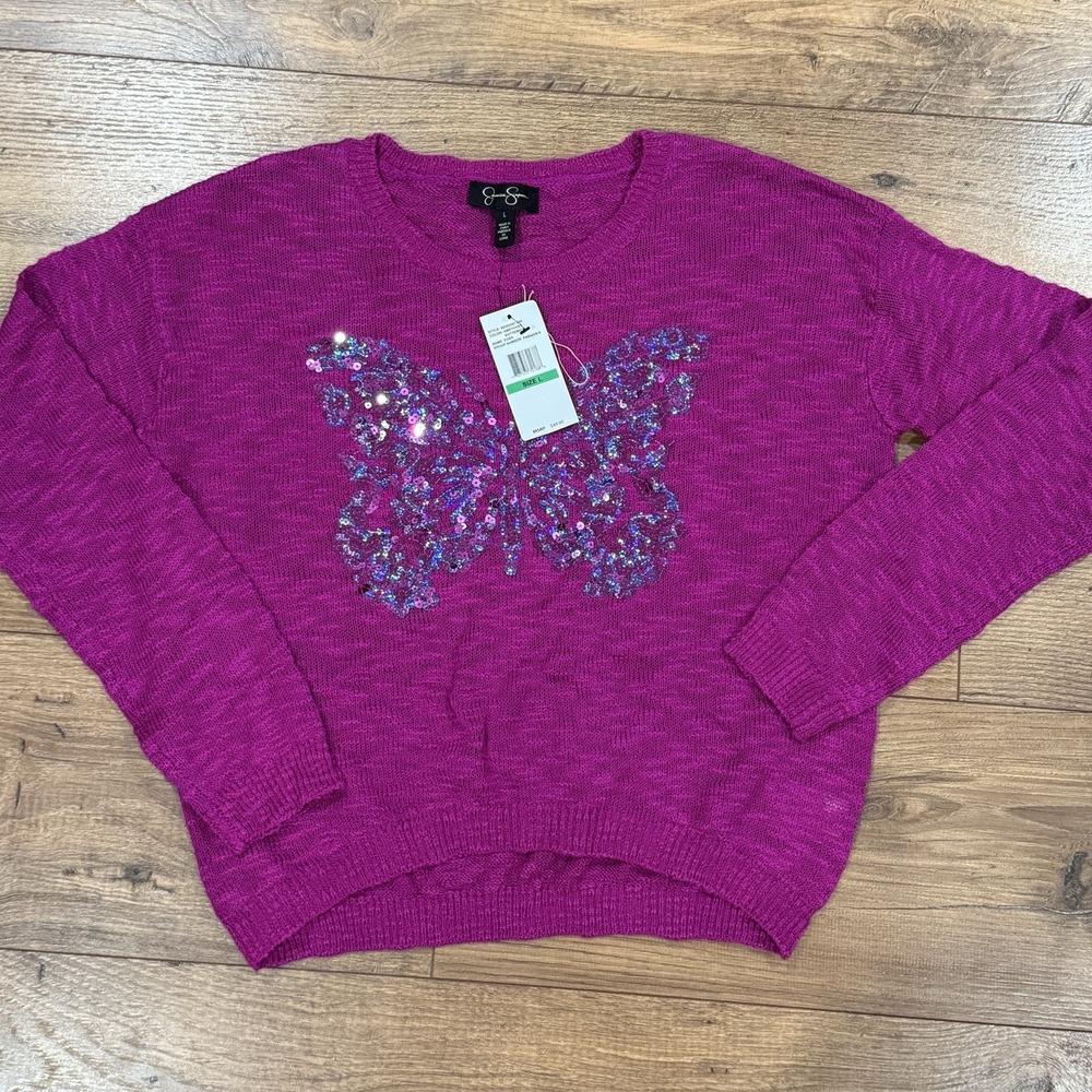 Jessica Simpson NWT Girls Purple Sequin Butterfly Sweater SZ Large L Top